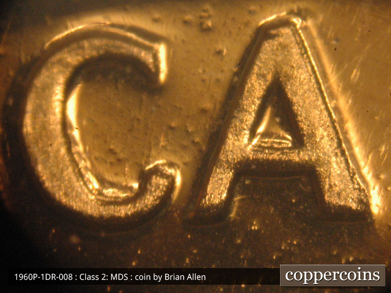 Die-stage B marker on 1960P•1DR•008P (1960 Doubled Die Reverse).