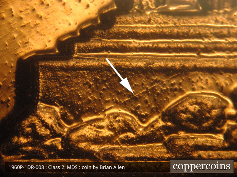 Die-stage B marker on 1960P•1DR•008P (1960 Doubled Die Reverse).