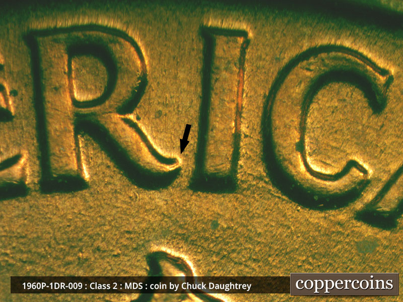 Die-stage B marker on 1960P•1DR•009 (1960 Doubled Die Reverse).