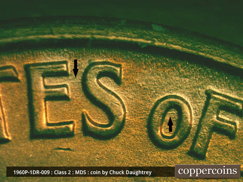 Die-stage B marker on 1960P•1DR•009 (1960 Doubled Die Reverse).
