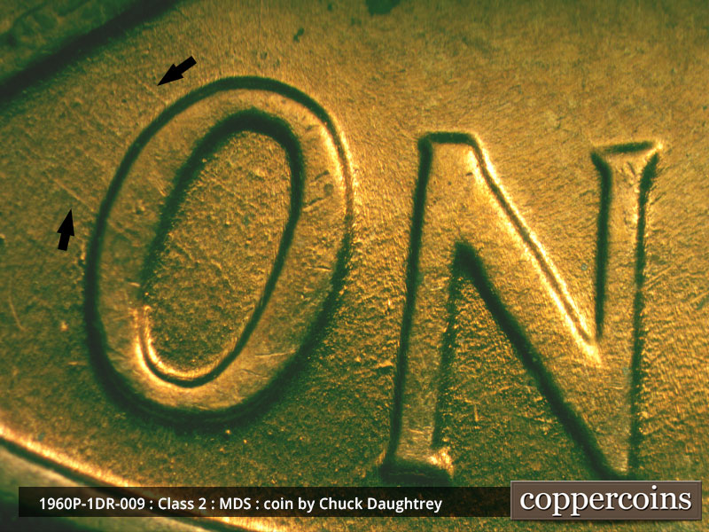 Die-stage B marker on 1960P•1DR•009 (1960 Doubled Die Reverse).