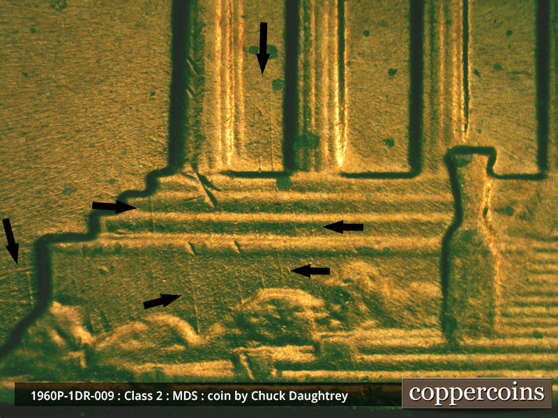 Die-stage B marker on 1960P•1DR•009 (1960 Doubled Die Reverse).