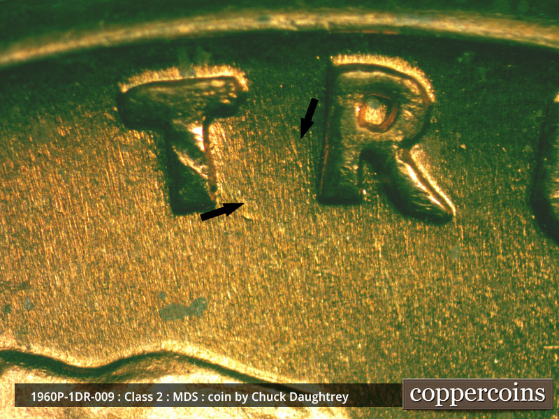 Die-stage B marker on 1960P•1DR•009 (1960 Doubled Die Reverse).