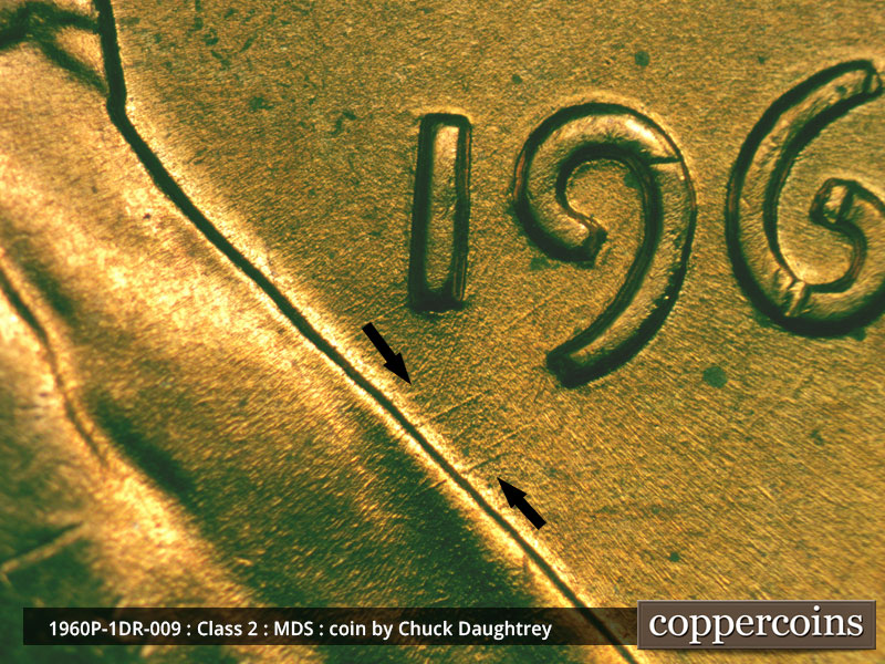 Die-stage B marker on 1960P•1DR•009 (1960 Doubled Die Reverse).