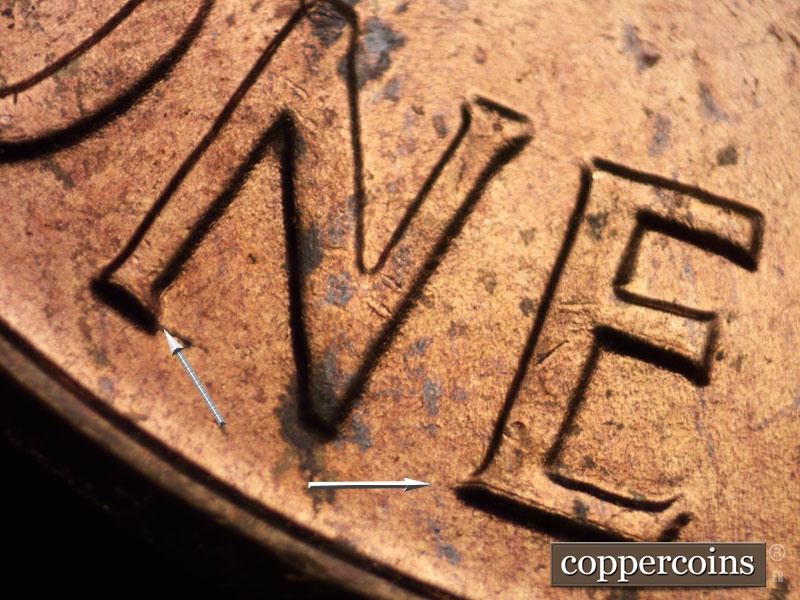 Die-stage A marker on 1960P•1DR•010 (1960 Doubled Die Reverse).