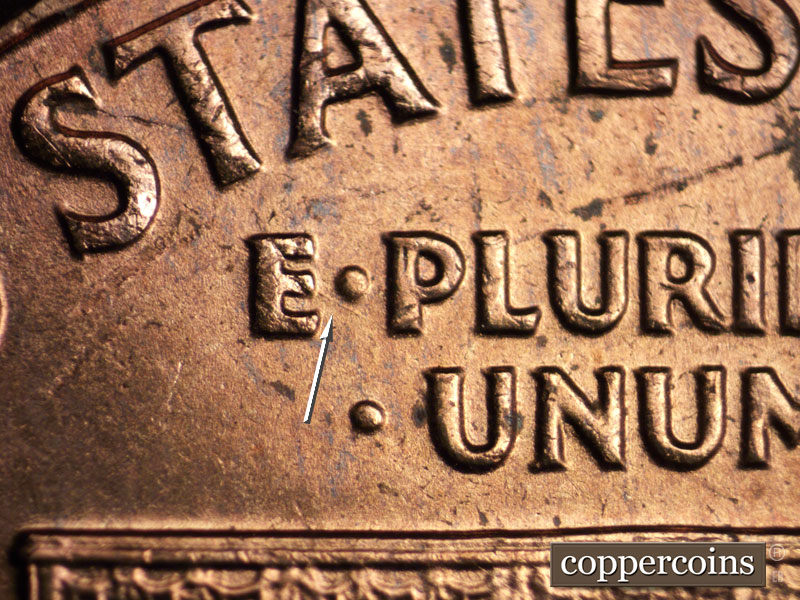 Die-stage A marker on 1960P•1DR•010 (1960 Doubled Die Reverse).