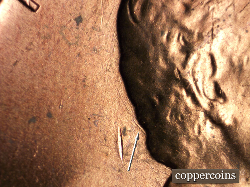 Die-stage A marker on 1960P•1DR•010 (1960 Doubled Die Reverse).