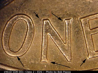 Die-stage A marker on 1961D•1DR•001 (1961 Doubled Die Reverse).