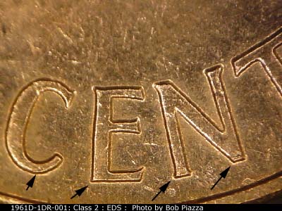 Die-stage A marker on 1961D•1DR•001 (1961 Doubled Die Reverse).