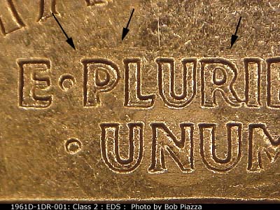 Die-stage A marker on 1961D•1DR•001 (1961 Doubled Die Reverse).