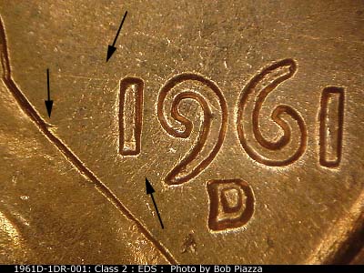 Die-stage A marker on 1961D•1DR•001 (1961 Doubled Die Reverse).