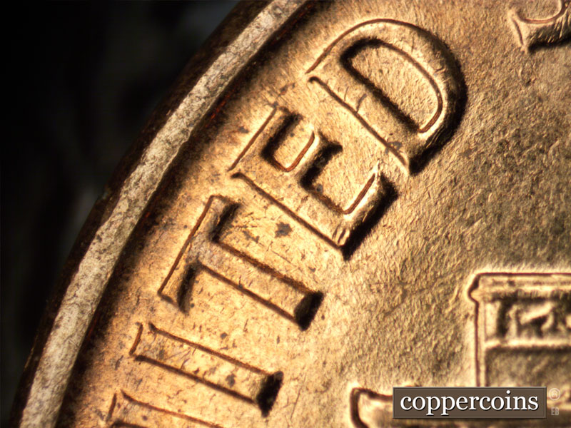 Die-stage B marker on 1961D•1DR•002 (1961 Doubled Die Reverse).