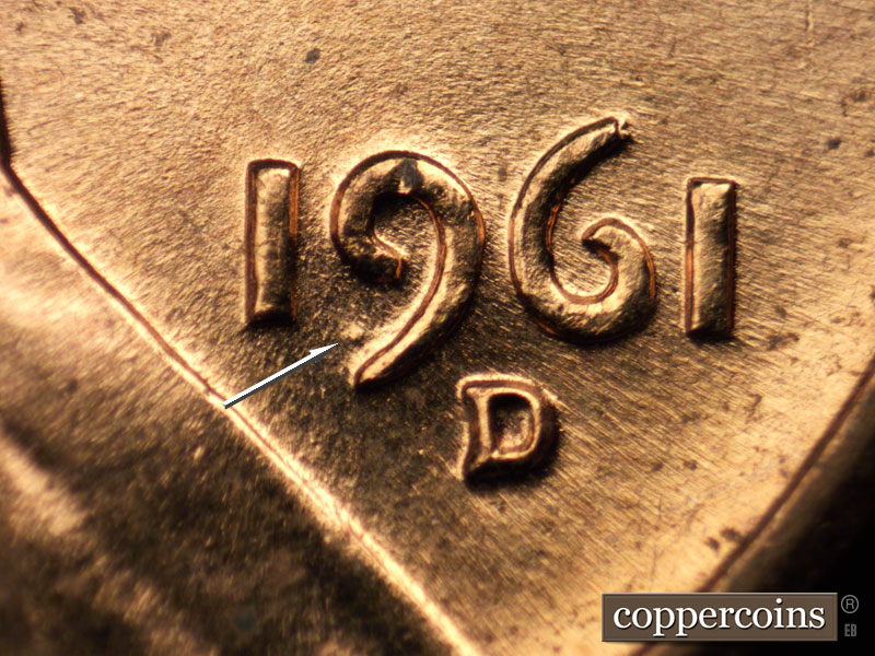 Die-stage B marker on 1961D•1DR•002 (1961 Doubled Die Reverse).