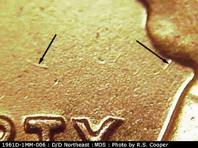 Die-stage B marker on 1961D•1MM•006 (1961 Repunched Mint Mark).