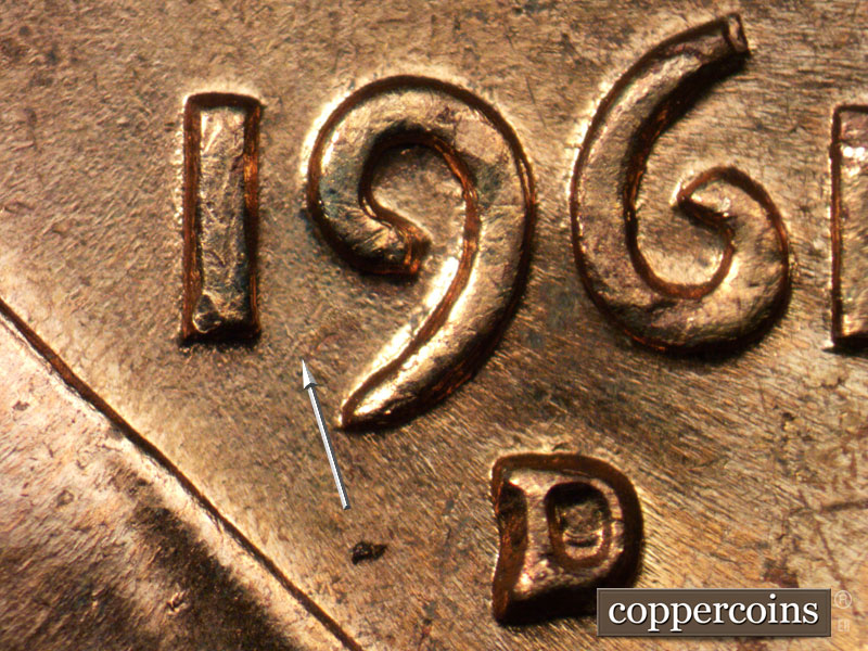 Die-stage B marker on 1961D•1MM•010 (1961 Repunched Mint Mark).