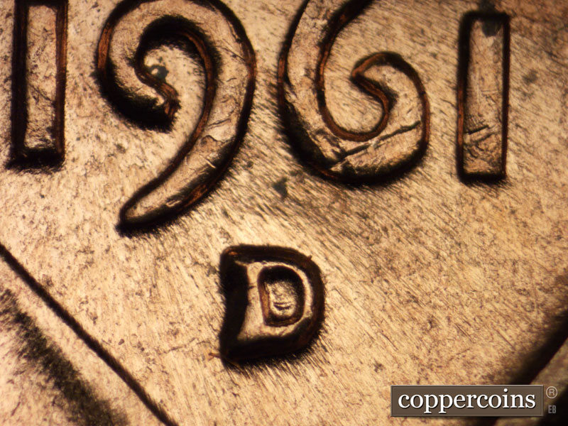 Die-stage C marker on 1961D•1MM•010 (1961 Repunched Mint Mark).