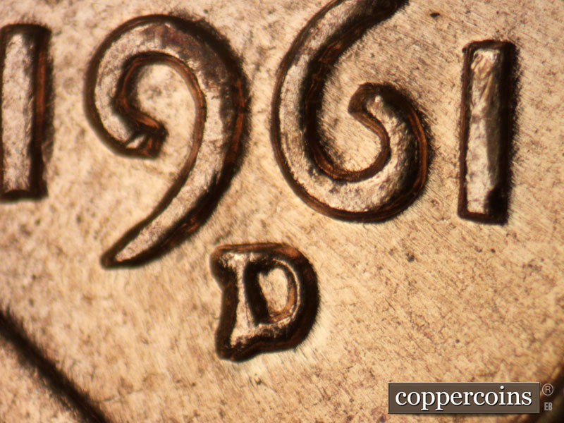 Die-stage A marker on 1961D•1MM•015 (1961 Repunched Mint Mark).