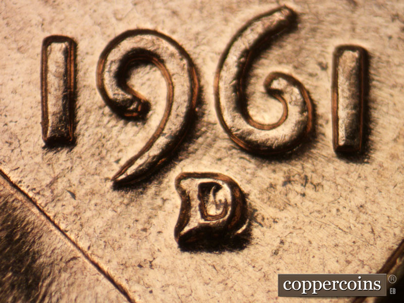 1961 Lincoln cent obverse, CopperCoins die 1961D•1MM•021 — Closeup of repunched mint mark.