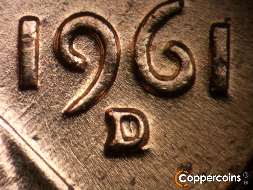Die-stage B marker on 1961D•1MM•021 showing Closeup of repunched mint mark.