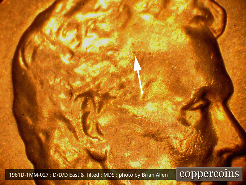 Die-stage B marker on 1961D•1MM•027 (1961 Repunched Mint Mark).