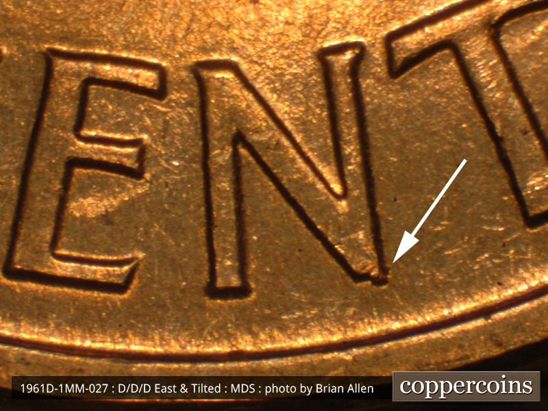 Die-stage B marker on 1961D•1MM•027 (1961 Repunched Mint Mark).