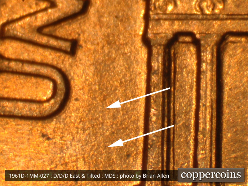 Die-stage B marker on 1961D•1MM•027 (1961 Repunched Mint Mark).