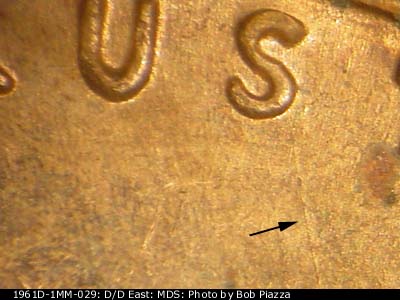 Die-stage B marker on 1961D•1MM•029 (1961 Repunched Mint Mark).
