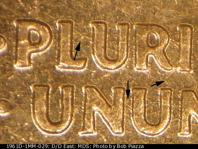 Die-stage B marker on 1961D•1MM•029 (1961 Repunched Mint Mark).