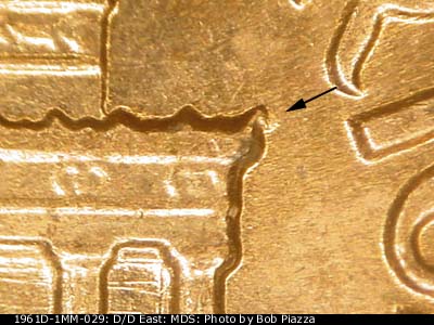 Die-stage B marker on 1961D•1MM•029 (1961 Repunched Mint Mark).
