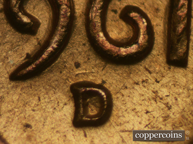 Die-stage A marker on 1961D•1MM•031 (1961 Repunched Mint Mark).