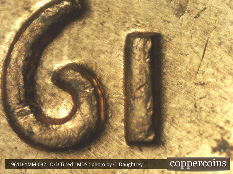 Die-stage B marker on 1961D•1MM•032 (1961 Repunched Mint Mark).