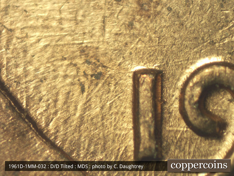 Die-stage B marker on 1961D•1MM•032 (1961 Repunched Mint Mark).