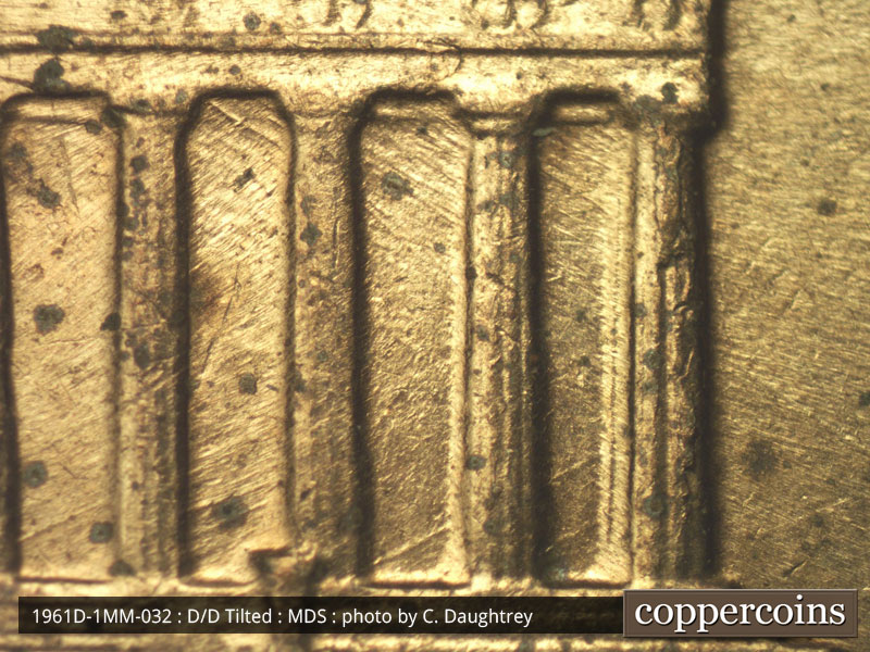Die-stage B marker on 1961D•1MM•032 (1961 Repunched Mint Mark).