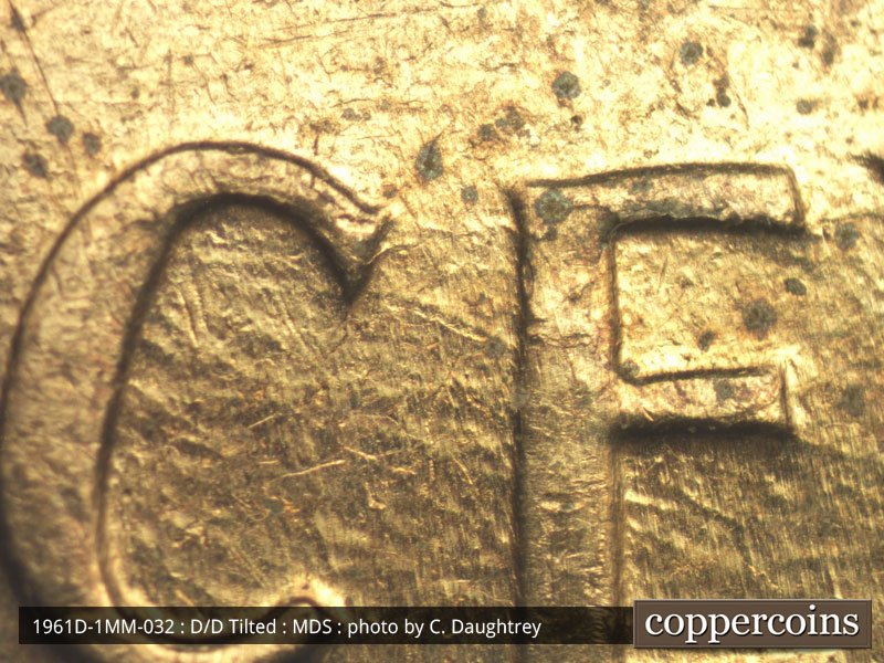 Die-stage B marker on 1961D•1MM•032 (1961 Repunched Mint Mark).