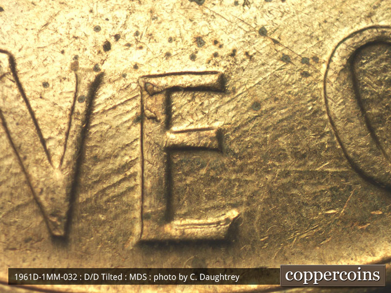 Die-stage B marker on 1961D•1MM•032 (1961 Repunched Mint Mark).