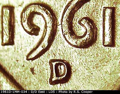 Die-stage C marker on 1961D•1MM•034 (1961 Repunched Mint Mark).