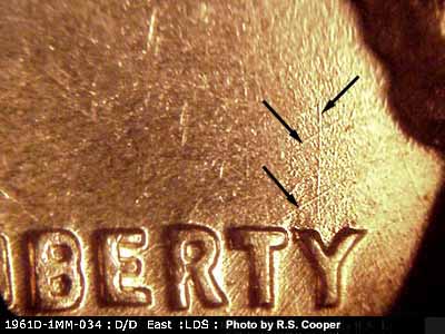 Die-stage C marker on 1961D•1MM•034 (1961 Repunched Mint Mark).
