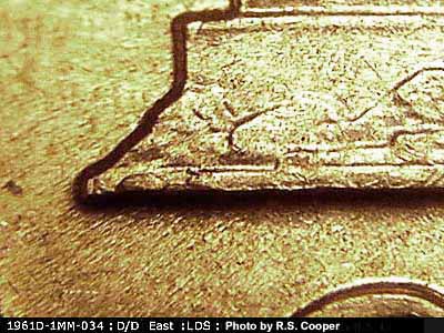 Die-stage C marker on 1961D•1MM•034 (1961 Repunched Mint Mark).