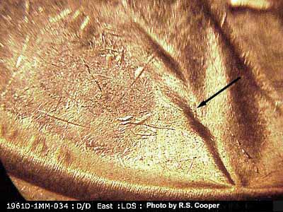 Die-stage C marker on 1961D•1MM•034 (1961 Repunched Mint Mark).