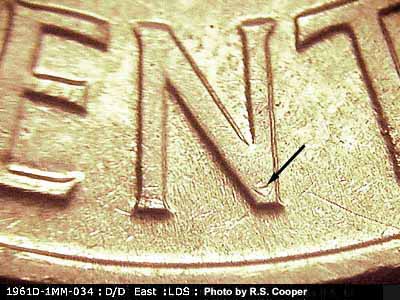Die-stage C marker on 1961D•1MM•034 (1961 Repunched Mint Mark).
