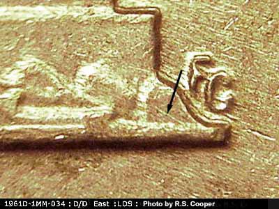 Die-stage C marker on 1961D•1MM•034 (1961 Repunched Mint Mark).