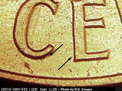 Die-stage C marker on 1961D•1MM•035 (1961 Repunched Mint Mark).