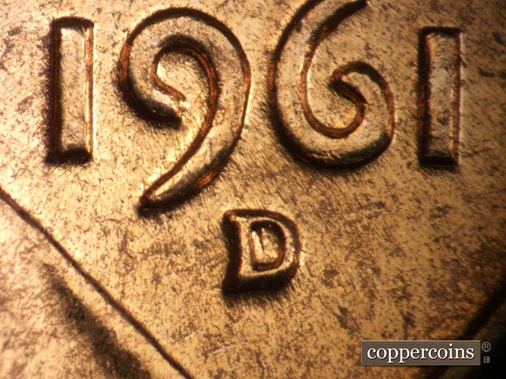 Die-stage B marker on 1961D•1MM•035 showing Closeup of repunched mintmark.