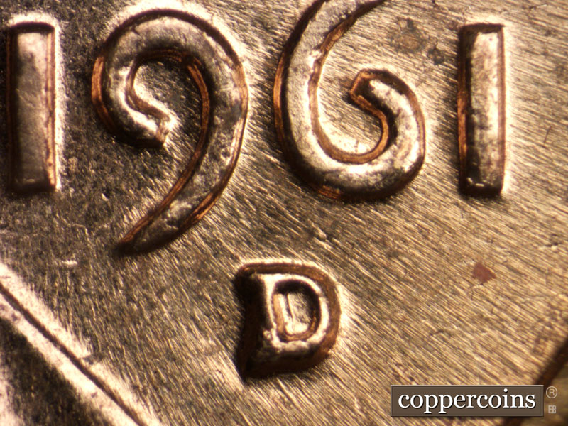 Die-stage C marker on 1961D•1MM•037 (1961 Repunched Mint Mark).