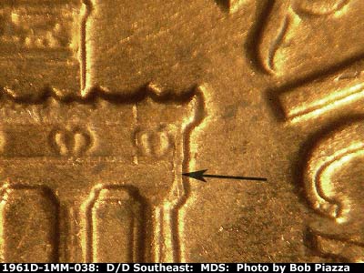 Die-stage B marker on 1961D•1MM•038 (1961 Repunched Mint Mark).