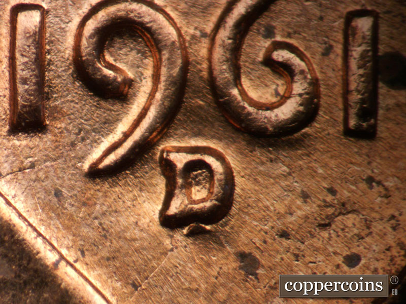 Die-stage A marker on 1961D•1MM•039 (1961 Repunched Mint Mark).