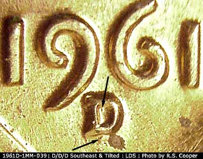 Die-stage C marker on 1961D•1MM•039 (1961 Repunched Mint Mark).
