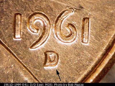 1961 Lincoln cent obverse, CopperCoins die 1961D•1MM•041.