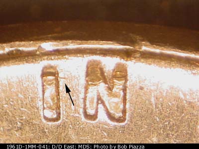 Die-stage B marker on 1961D•1MM•041 (1961 Repunched Mint Mark).