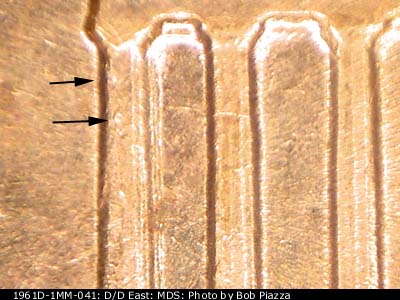 Die-stage B marker on 1961D•1MM•041 (1961 Repunched Mint Mark).